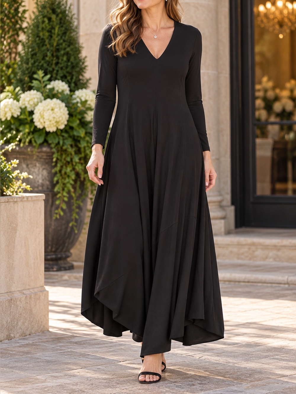 🇨🇦 Sympli Black V-Neck Maxi Dress Size 8 Made in Canada Evening Wedding Wear